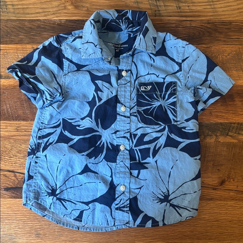 Vineyard Vines Blue and Navy Floral Button-Down Shirt 4T
